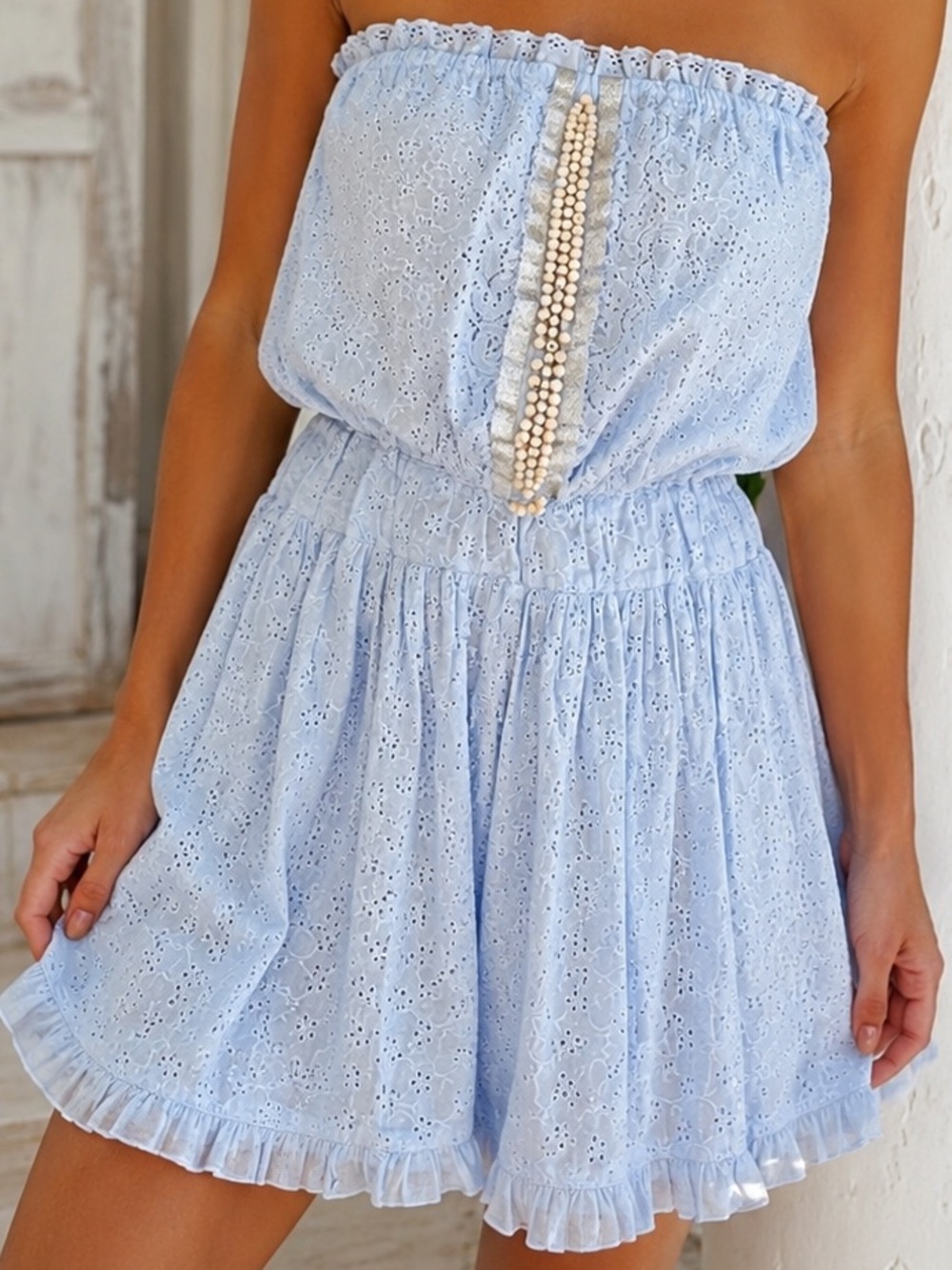 VENUS Blue Eyelet Beaded Strapless Mini Dress NWT Resort Coastal Boho L